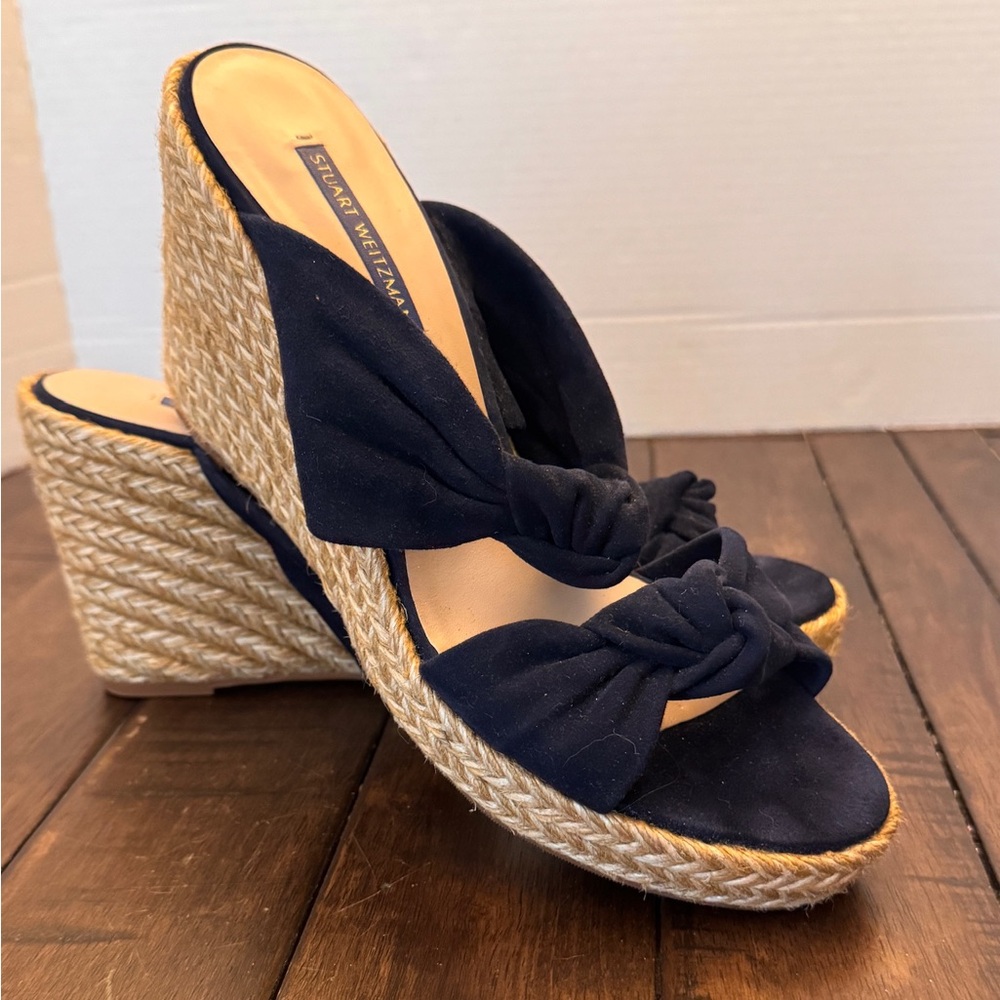Stuart Weitzman Sarina Black Suede Espadrille Sandals Wedge Sz Women’s 10 - Picture 1 of 11
